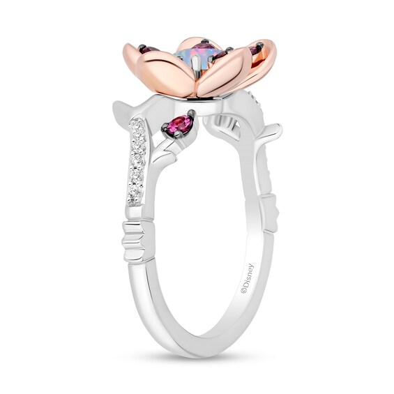 Enchanted Disney Mulan Lab-Created Opal and Rhodolite Garnet with Diamond Flower Ring in Sterling Silver and Rose Gold