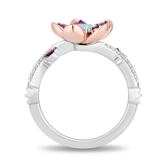 Enchanted Disney Mulan Lab-Created Opal and Rhodolite Garnet with Diamond Flower Ring in Sterling Silver and Rose Gold