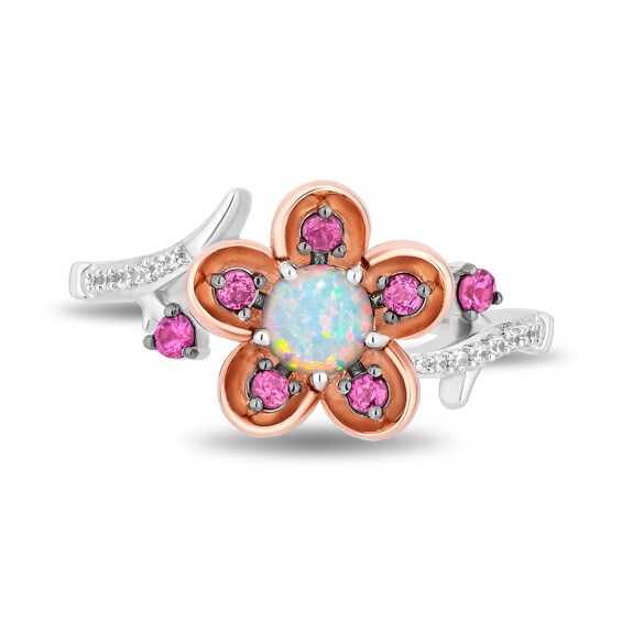 Enchanted Disney Mulan Lab-Created Opal and Rhodolite Garnet with Diamond Flower Ring in Sterling Silver and Rose Gold