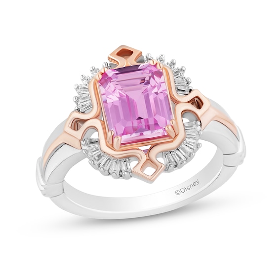 Enchanted Disney Aurora Pink Lab-Created Sapphire and Diamond Sunburst Tiara Frame Ring in Sterling Silver and Rose Gold