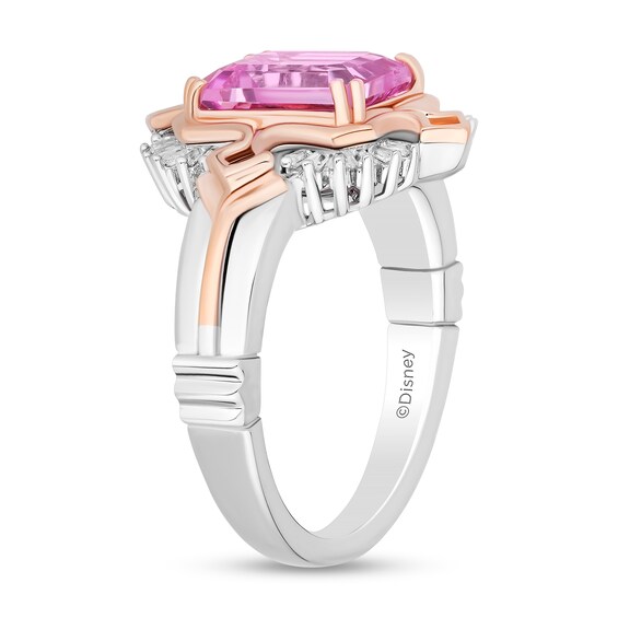 Enchanted Disney Aurora Pink Lab-Created Sapphire and Diamond Sunburst Tiara Frame Ring in Sterling Silver and Rose Gold