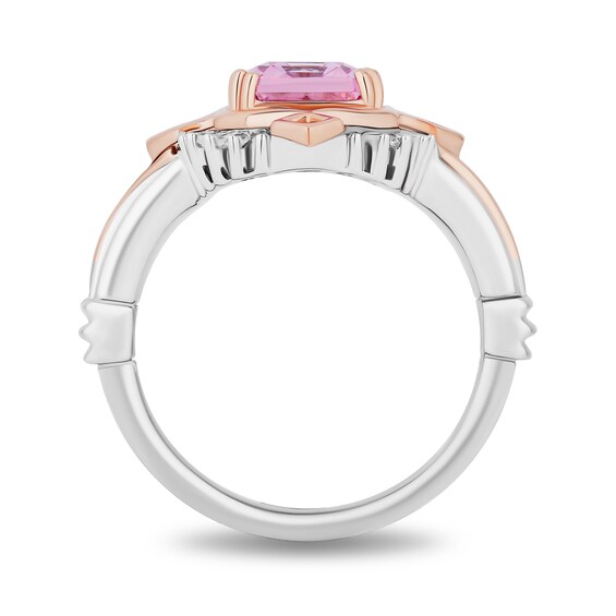 Enchanted Disney Aurora Pink Lab-Created Sapphire and Diamond Sunburst Tiara Frame Ring in Sterling Silver and Rose Gold