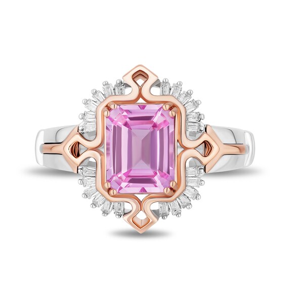 Enchanted Disney Aurora Pink Lab-Created Sapphire and Diamond Sunburst Tiara Frame Ring in Sterling Silver and Rose Gold