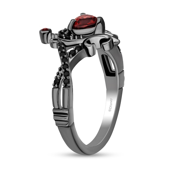 Enchanted Disney Villains Evil Queen Garnet and Black Diamond Heart with Dagger Ring in Black Rhodium Sterling Silver