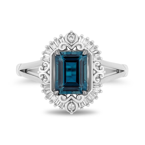 Enchanted Disney Cinderella London Blue Topaz and Diamond Sunburst Carriage Frame Split Shank Ring in Sterling Silver