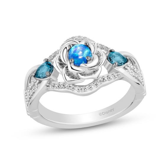 Enchanted Disney Cinderella Blue Lab-Created Opal and London Blue Topaz with Diamond Flower Ring in Sterling Silver