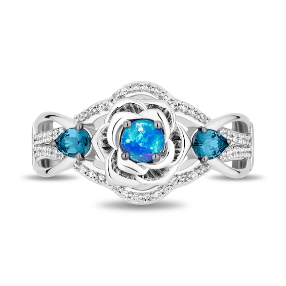 Enchanted Disney Cinderella Blue Lab-Created Opal and London Blue Topaz with Diamond Flower Ring in Sterling Silver