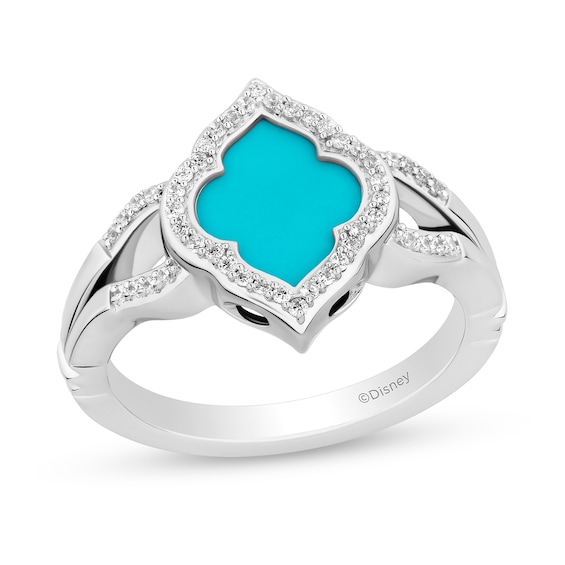 Enchanted Disney Jasmine Turquoise and 1/6 CT. T.w. Diamond Quatrefoil Frame Split Shank Ring in Sterling Silver