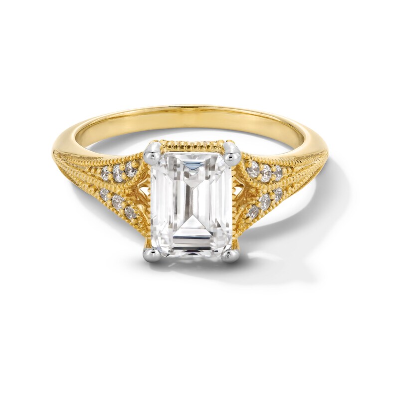 Main Image 1 of 2-1/6 CT. T.W. Emerald-Cut Certified Lab-Grown Diamond Split Shank Vintage-Style Engagement Ring in 14K Gold (F/VS2)