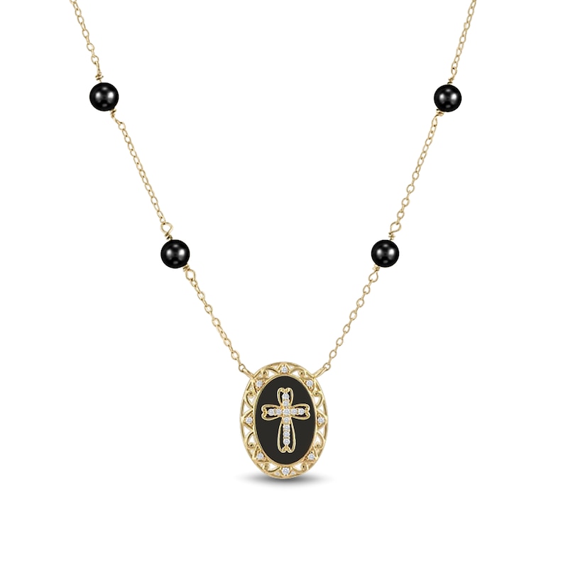 Main Image 1 of Oval and Round Onyx with White Lab-Created Sapphire Cross Station Necklace in Sterling Silver with 14K Gold Plate
