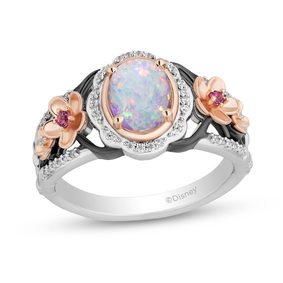 Enchanted Disney Mulan Lab-Created Opal and Rhodolite Garnet with Diamond Flower Ring in Sterling Silver and Rose Gold