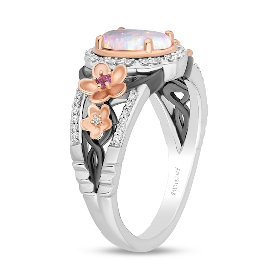 Enchanted Disney Mulan Lab-Created Opal and Rhodolite Garnet with Diamond Flower Ring in Sterling Silver and Rose Gold