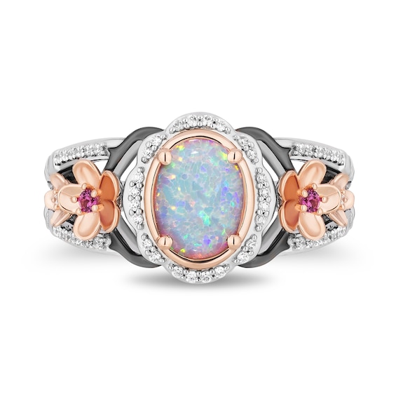 Enchanted Disney Mulan Lab-Created Opal and Rhodolite Garnet with Diamond Flower Ring in Sterling Silver and Rose Gold