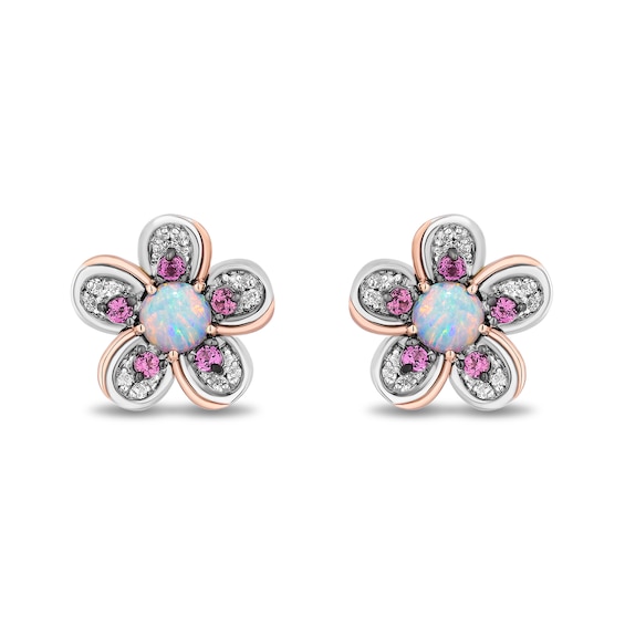 Enchanted Disney Mulan Lab-Created Opal and Rhodolite Garnet with Diamond Flower Stud Earrings in Sterling Silver