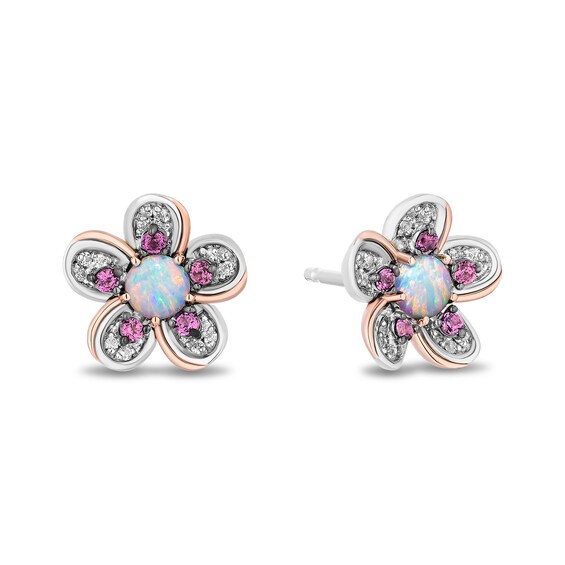 Enchanted Disney Mulan Lab-Created Opal and Rhodolite Garnet with Diamond Flower Stud Earrings in Sterling Silver