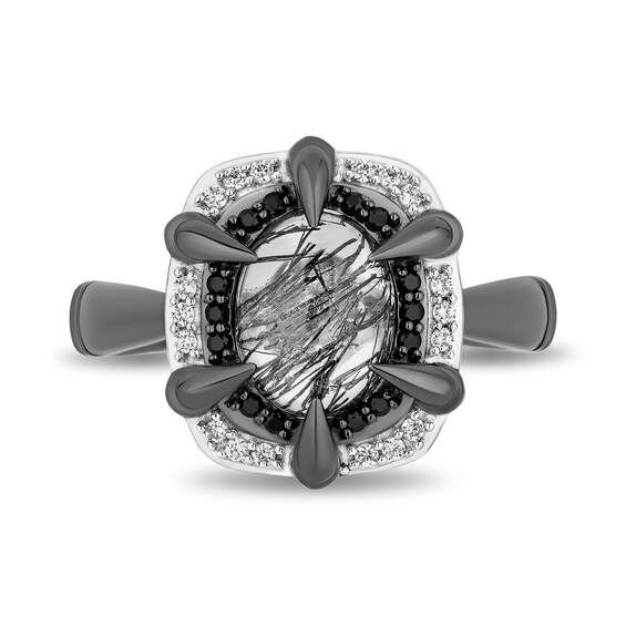 Enchanted Disney Villains Maleficent Black Quartz with Black and White Diamond Double Frame Ring in Sterling Silver