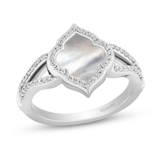 Enchanted Disney Jasmine Mother-of-Pearl and 1/5 CT. T.w. Diamond Quatrefoil Frame Split Shank Ring in Sterling Silver