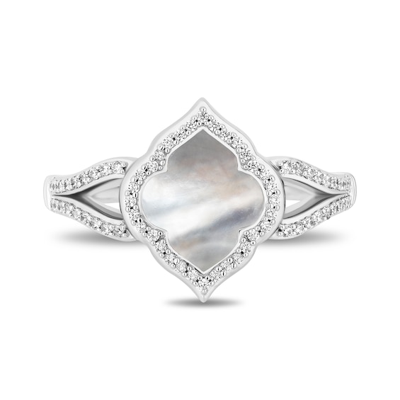 Enchanted Disney Jasmine Mother-of-Pearl and 1/5 CT. T.w. Diamond Quatrefoil Frame Split Shank Ring in Sterling Silver