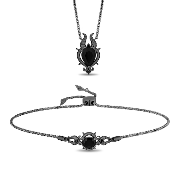 Enchanted Disney Villains Maleficent Onyx and Black Diamond Necklace and Bolo Bracelet Set in Black Sterling Silver