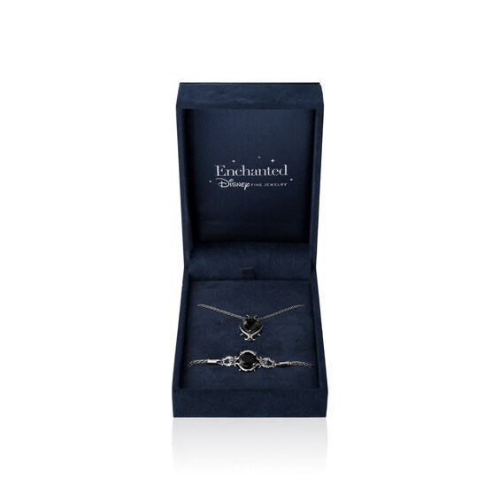 Enchanted Disney Villains Maleficent Onyx and Black Diamond Necklace and Bolo Bracelet Set in Black Sterling Silver