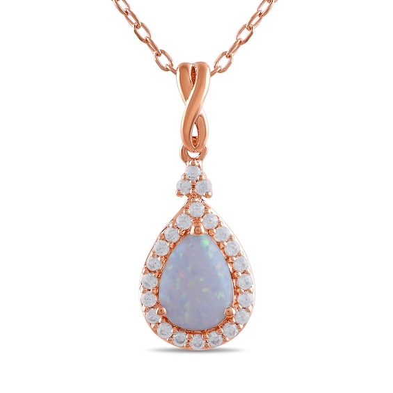 Pear-Shaped Lab-Created Opal and 1/8 CT. T.w. Diamond Frame Drop Pendant in 10K Rose Gold