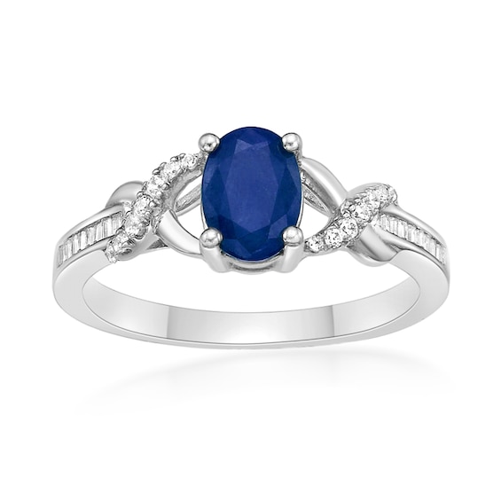Oval Blue Sapphire and 1/6 CT. T.w. Diamond Crossover Split Shank Ring in 10K White Gold