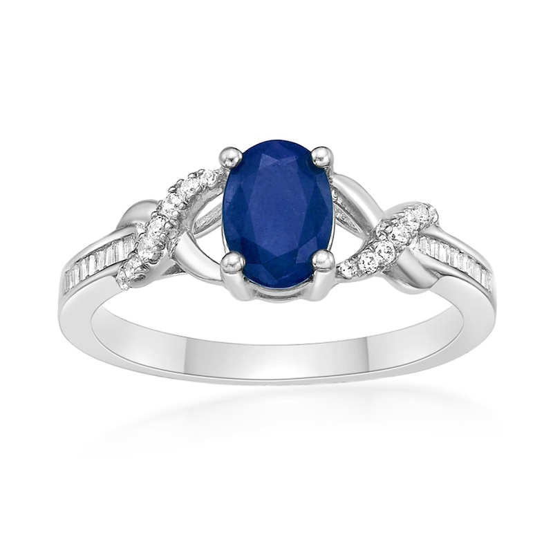 Main Image 1 of Oval Blue Sapphire and 1/6 CT. T.W. Diamond Crossover Split Shank Ring in 10K White Gold