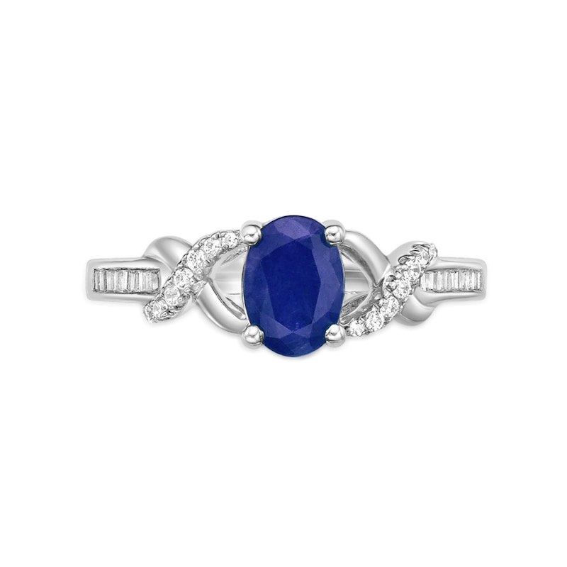 Main Image 2 of Oval Blue Sapphire and 1/6 CT. T.W. Diamond Crossover Split Shank Ring in 10K White Gold