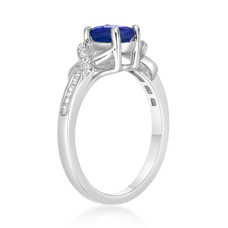 Main Image 3 of Oval Blue Sapphire and 1/6 CT. T.W. Diamond Crossover Split Shank Ring in 10K White Gold