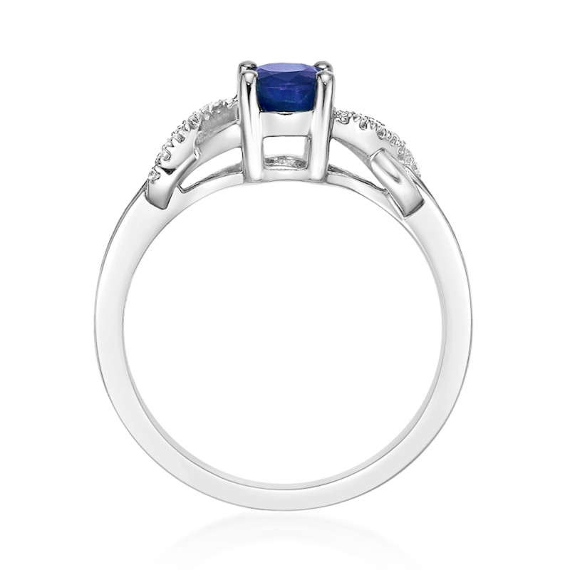 Main Image 4 of Oval Blue Sapphire and 1/6 CT. T.W. Diamond Crossover Split Shank Ring in 10K White Gold