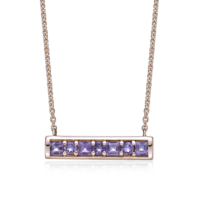 Main Image 1 of Princess-Cut and Round Amethyst Bar Necklace in Sterling Silver with 18K Rose Gold Plate