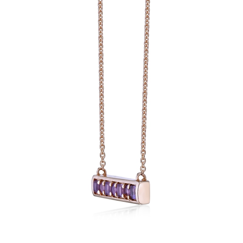 Main Image 2 of Princess-Cut and Round Amethyst Bar Necklace in Sterling Silver with 18K Rose Gold Plate