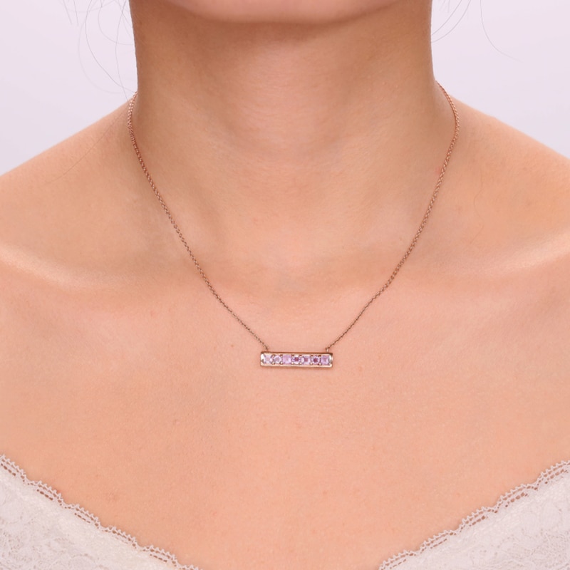 Main Image 4 of Princess-Cut and Round Amethyst Bar Necklace in Sterling Silver with 18K Rose Gold Plate