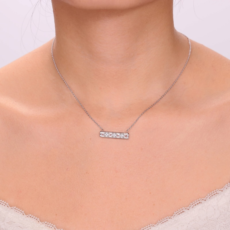 Main Image 4 of Princess-Cut White Topaz and Round Sky Blue Topaz Bar Necklace in Sterling Silver