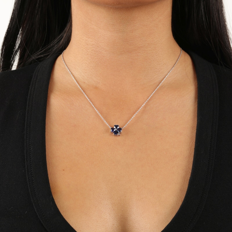Main Image 4 of 5.0mm Heart-Shaped Blue Lab-Created Sapphire Clover Pendant in Sterling Silver