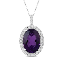 Oval Amethyst and White  Lab-Created Sapphire Frame Pendant in Sterling Silver