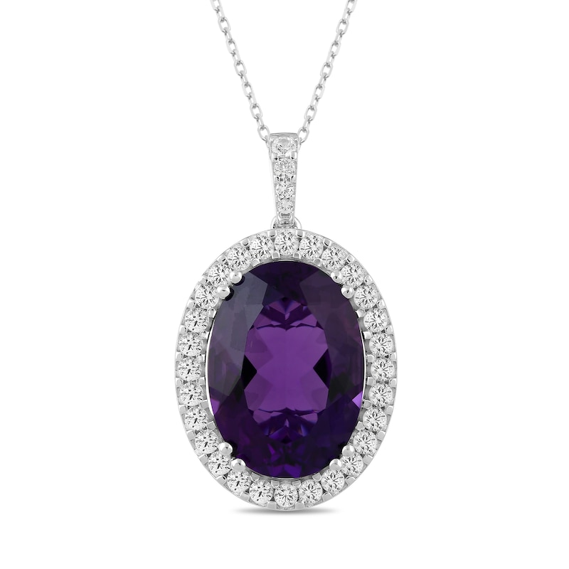 Main Image 1 of Oval Amethyst and White  Lab-Created Sapphire Frame Pendant in Sterling Silver