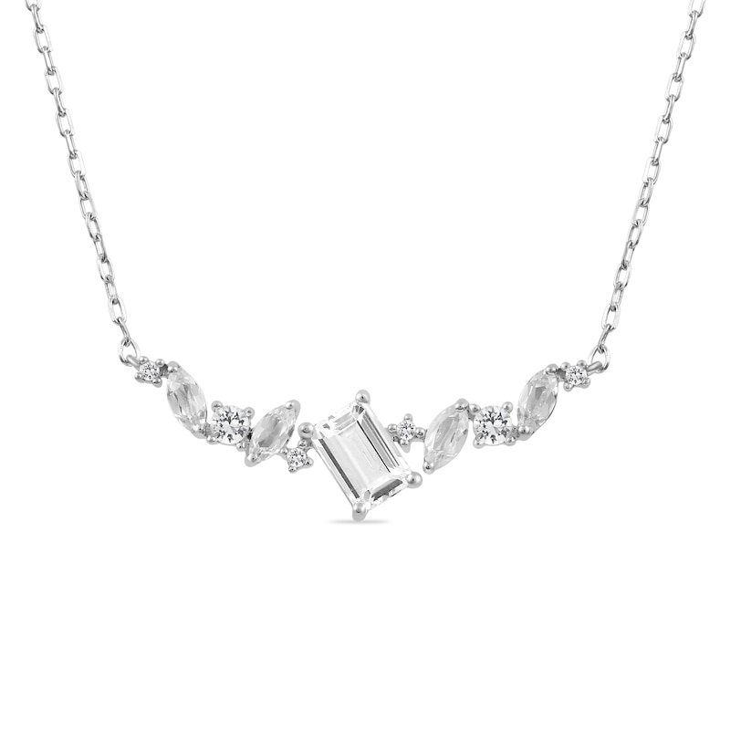 Main Image 1 of Multi-Shape White Lab-Created Sapphire Curved Bar Necklace in Sterling Silver - 17"