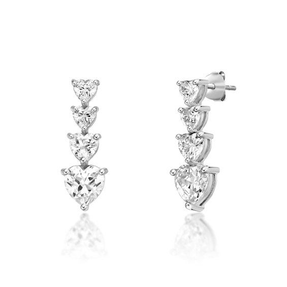 7.0mm Heart-Shaped White Lab-Created Sapphire Graduated Linear Drop Earrings in Sterling Silver