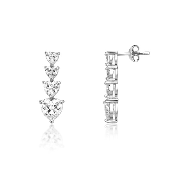 7.0mm Heart-Shaped White Lab-Created Sapphire Graduated Linear Drop Earrings in Sterling Silver