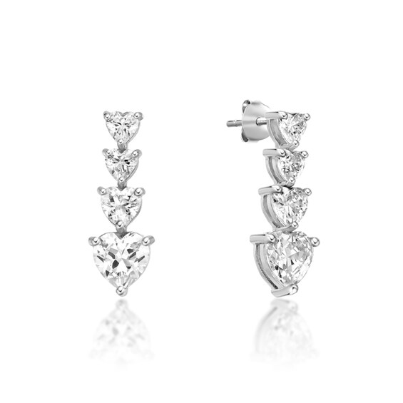 7.0mm Heart-Shaped White Lab-Created Sapphire Graduated Linear Drop Earrings in Sterling Silver