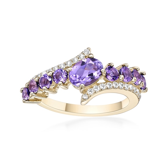 Oval and Round Amethyst with White Topaz Bypass Ring in Sterling Silver with 18K Gold Plate