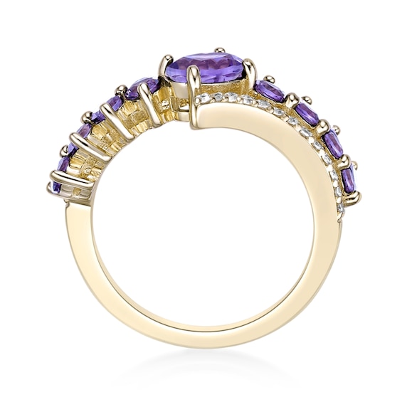 Oval and Round Amethyst with White Topaz Bypass Ring Sterling Silver 18K Gold Plate