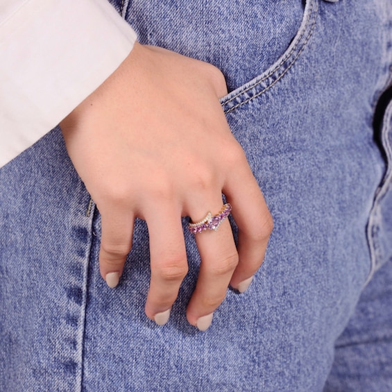 Oval and Round Amethyst with White Topaz Bypass Ring Sterling Silver 18K Gold Plate
