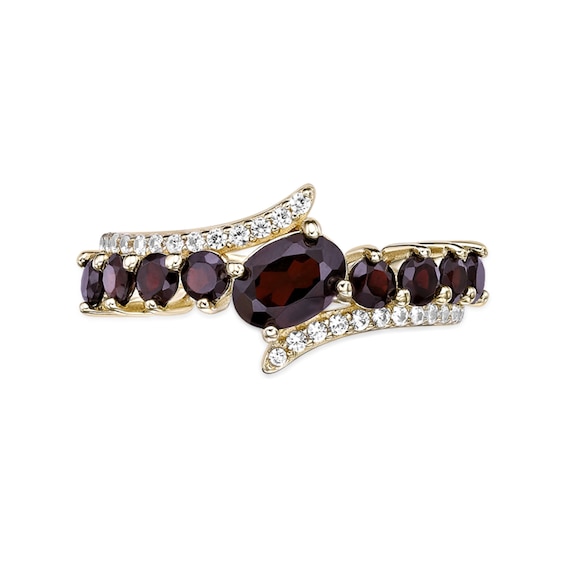 Oval and Round Garnet with White Topaz Bypass Ring in Sterling Silver with 18K Gold Plate