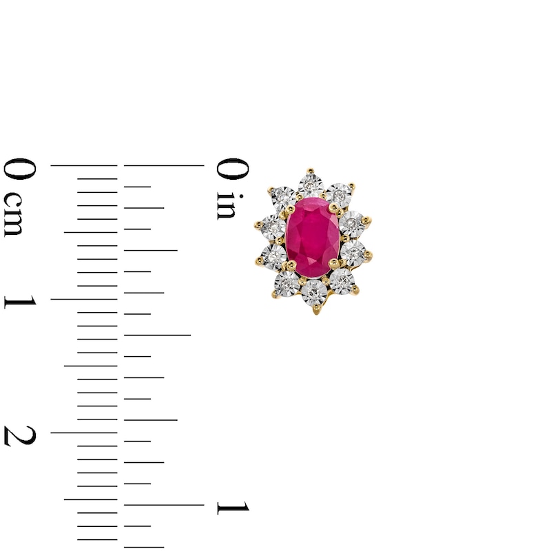 Main Image 3 of Oval Certified Ruby and 1/20 CT. T.W. Diamond Sunburst Frame Stud Earrings in 10K Gold