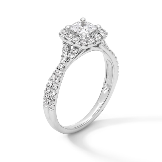 1 CT. T.w. Princess-Cut Certified Lab-Grown Diamond Cushion Frame Crossover Shank Engagement Ring in 14K White Gold