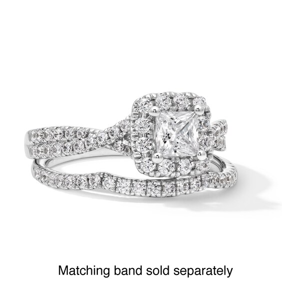 1 CT. T.w. Princess-Cut Certified Lab-Grown Diamond Cushion Frame Crossover Shank Engagement Ring in 14K White Gold