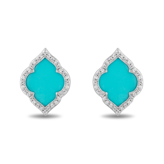 Enchanted Disney Jasmine Turquoise and 1/6 CT. T.w. Diamond Quatrefoil Frame Stud Earrings in Sterling Silver