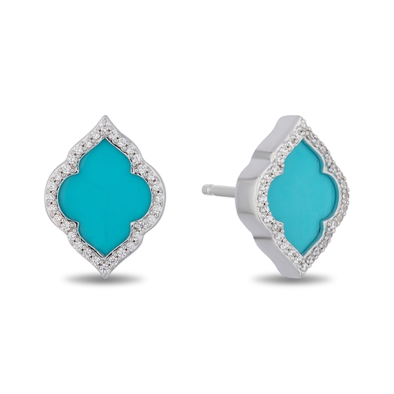 Enchanted Disney Jasmine Turquoise and 1/6 CT. T.w. Diamond Quatrefoil Frame Stud Earrings in Sterling Silver